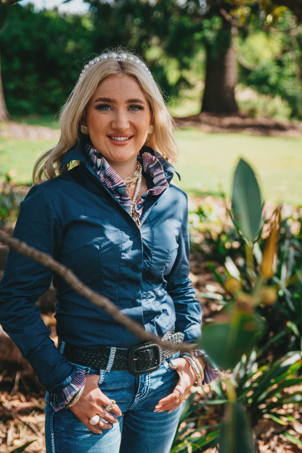 Womens Hitchley &amp; Harrow M2001 Ink Navy with Navy Blue, White &amp; Purple Check Contrast Fitted Shirt