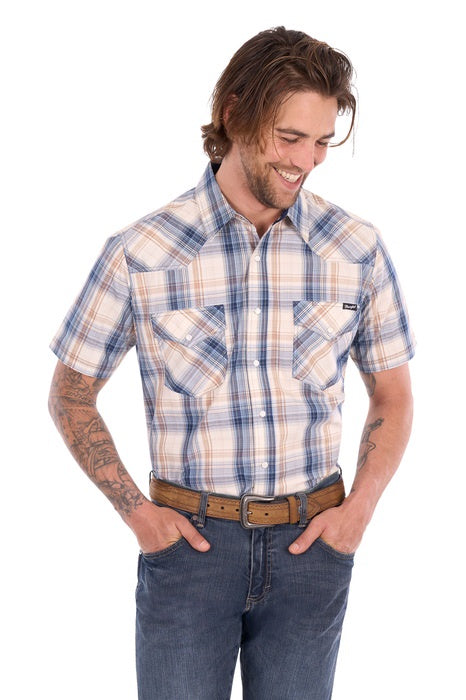 Mens Wrangler Adrian Short Sleeve Shirt - Navy / Tan
