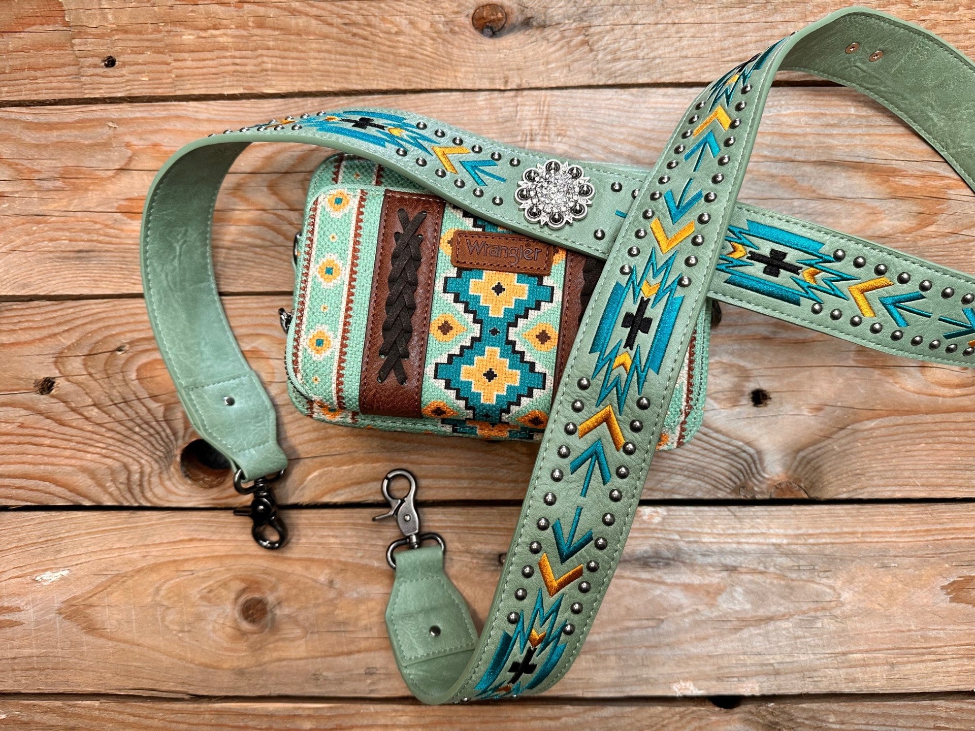 Wrangler Aztec South West Printed Crossbody Purse with Wallet Component - Green (7308226265165) (7308226297933)