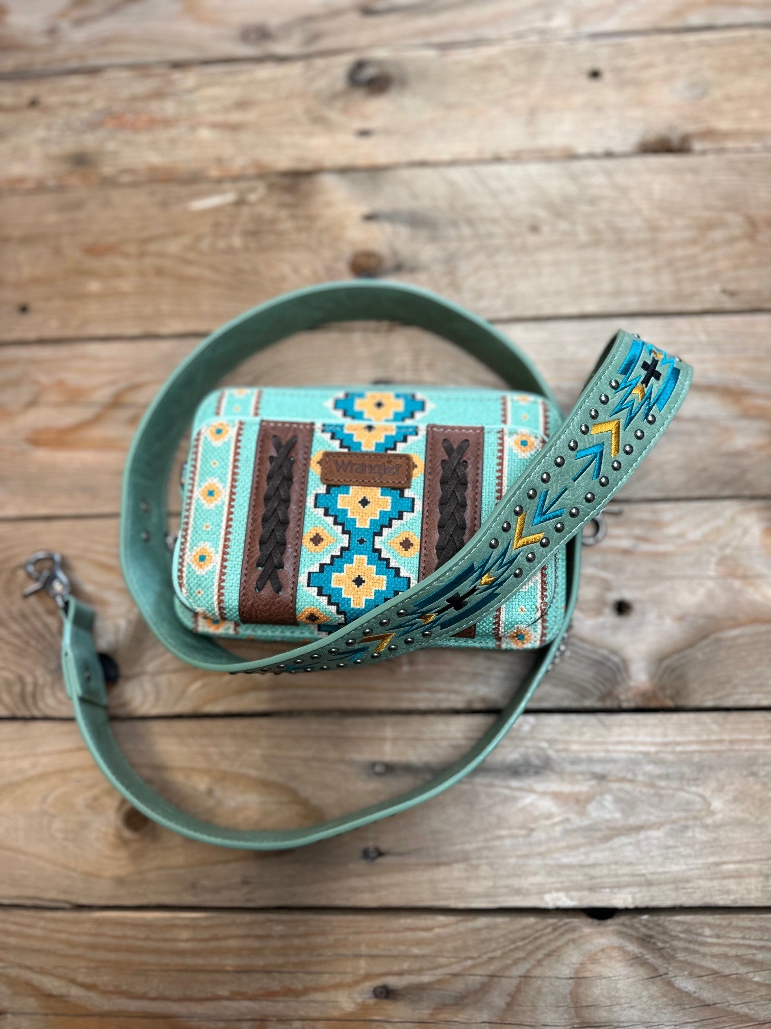 Wrangler Aztec South West Printed Crossbody Purse with Wallet Component - Green (7308226265165) (7308226297933)