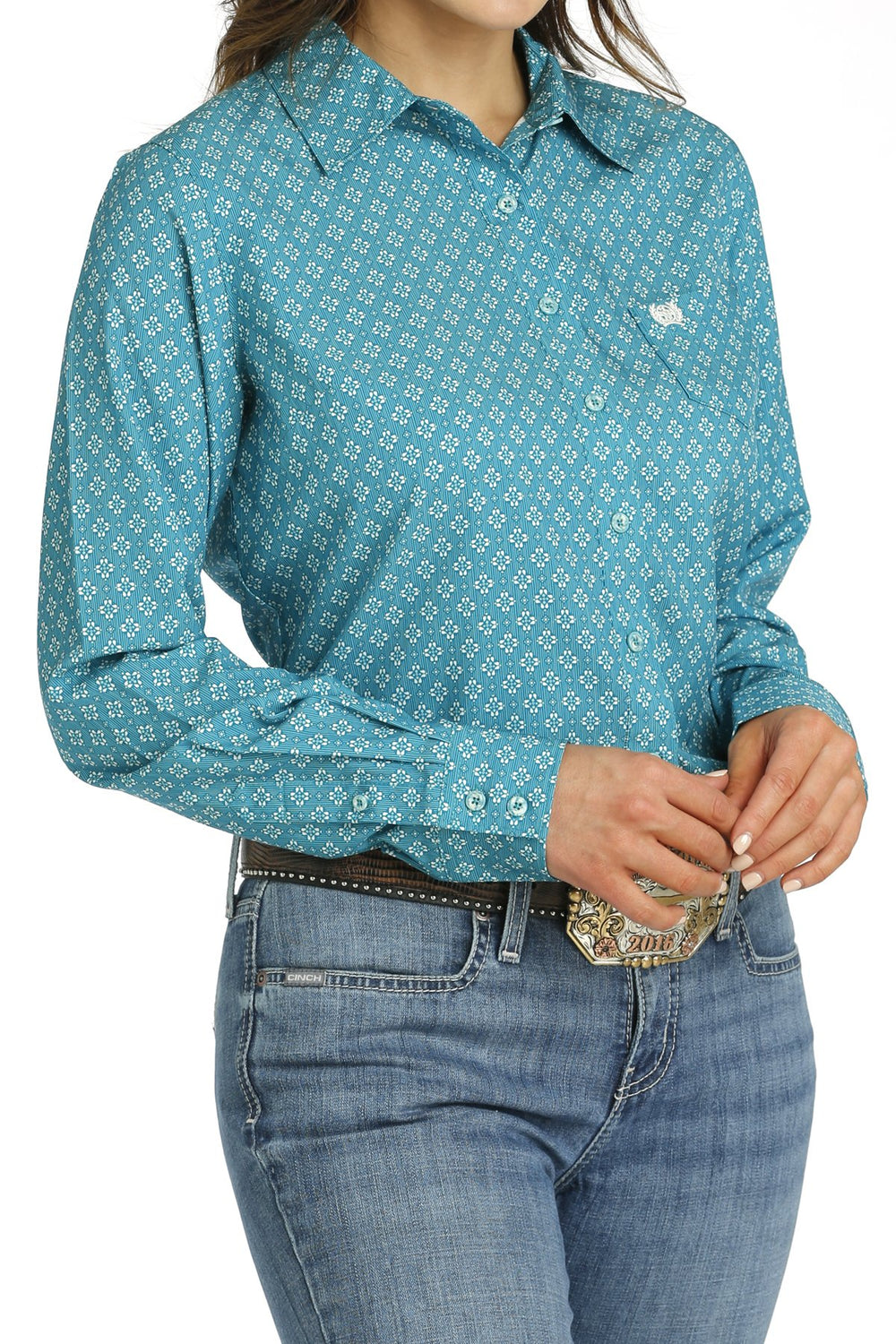 Womens Cinch Geometric Print ARENAFLEX Button-Down Western Shirt - Teal (7326110941261)
