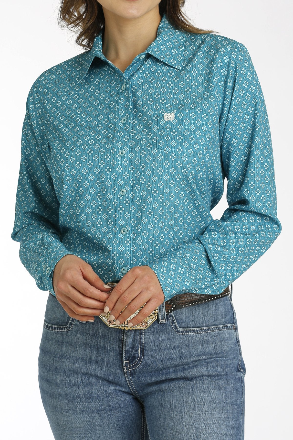Womens Cinch Geometric Print ARENAFLEX Button-Down Western Shirt - Teal (7326110941261)