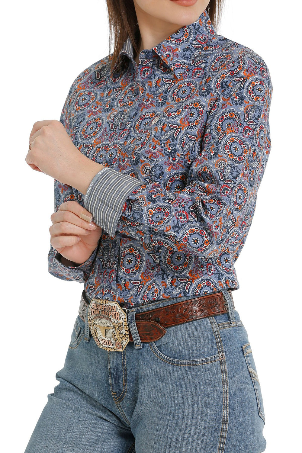 Womens Cinch Button Down Patterned Shirt - Blue / Red / Orange (6865335091277)