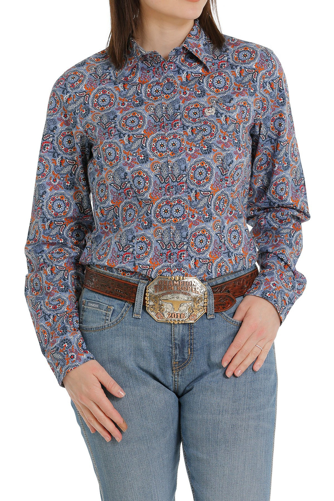 Womens Cinch Button Down Patterned Shirt - Blue / Red / Orange (6865335091277)