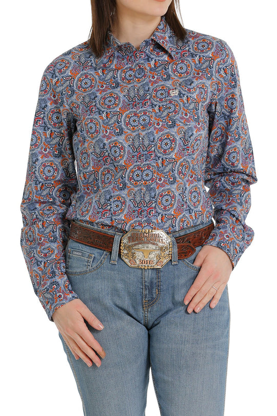 Womens Cinch Button Down Patterned Shirt - Blue / Red / Orange (6865335091277)