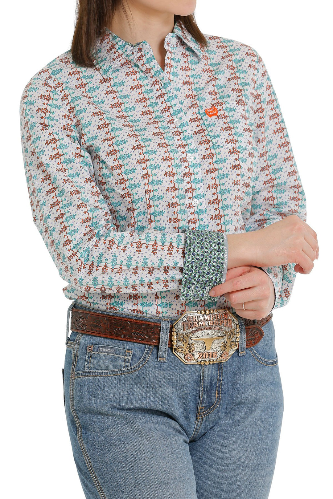 Womens Cinch Button Down Western Shirt - White / Orange / Blue (6894283685965)