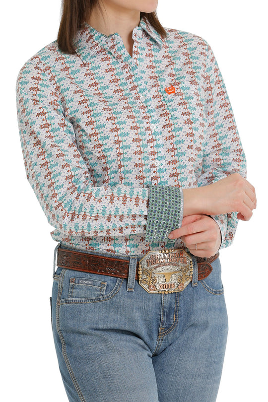 Womens Cinch Button Down Western Shirt - White / Orange / Blue (6894283685965)