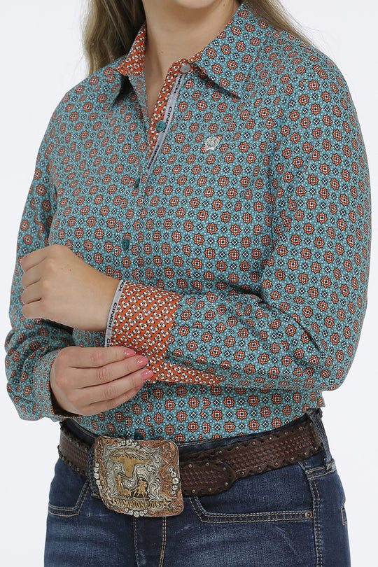 Womens Cinch LS Button Down Western Shirt - Green / Orange (6894283718733)