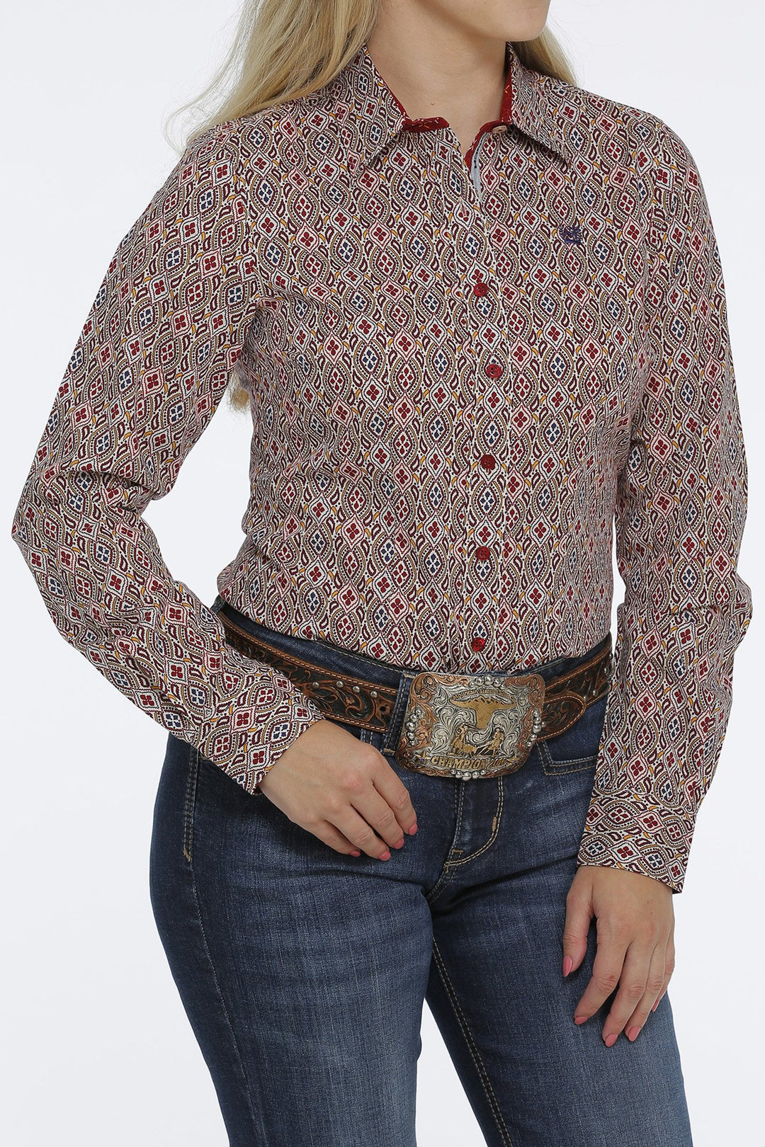 Womens Cinch Button Down Western Shirt - Cream/Red (6894283653197)