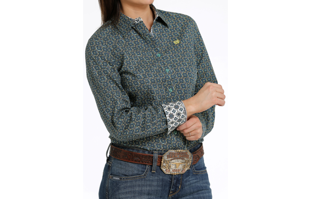 Womens Cinch Medallion Print Button Down Shirt - Teal (6894283751501)