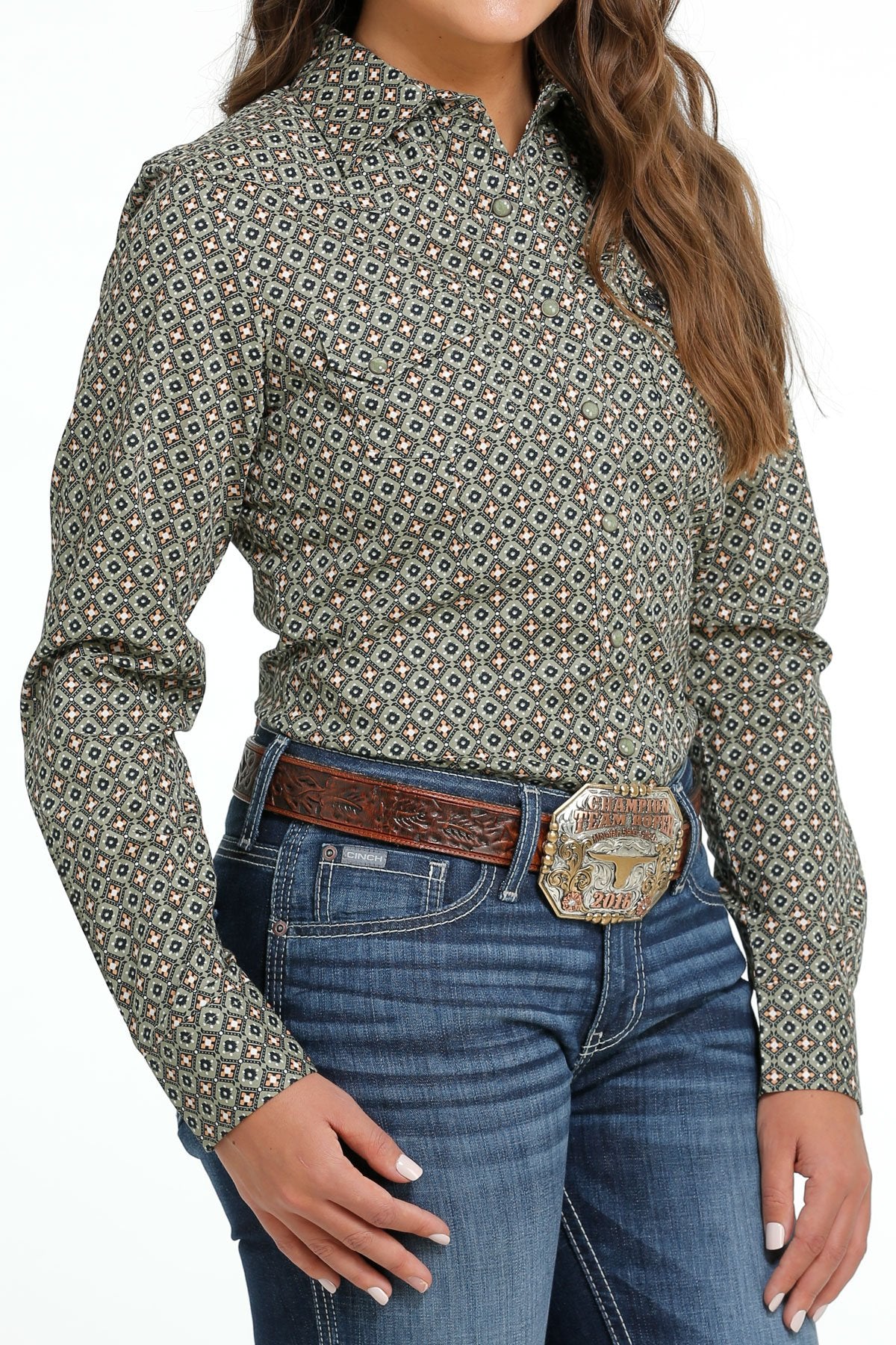 Womens Cinch Olive Pattern Snap Front Western Shirt (7012105650253)