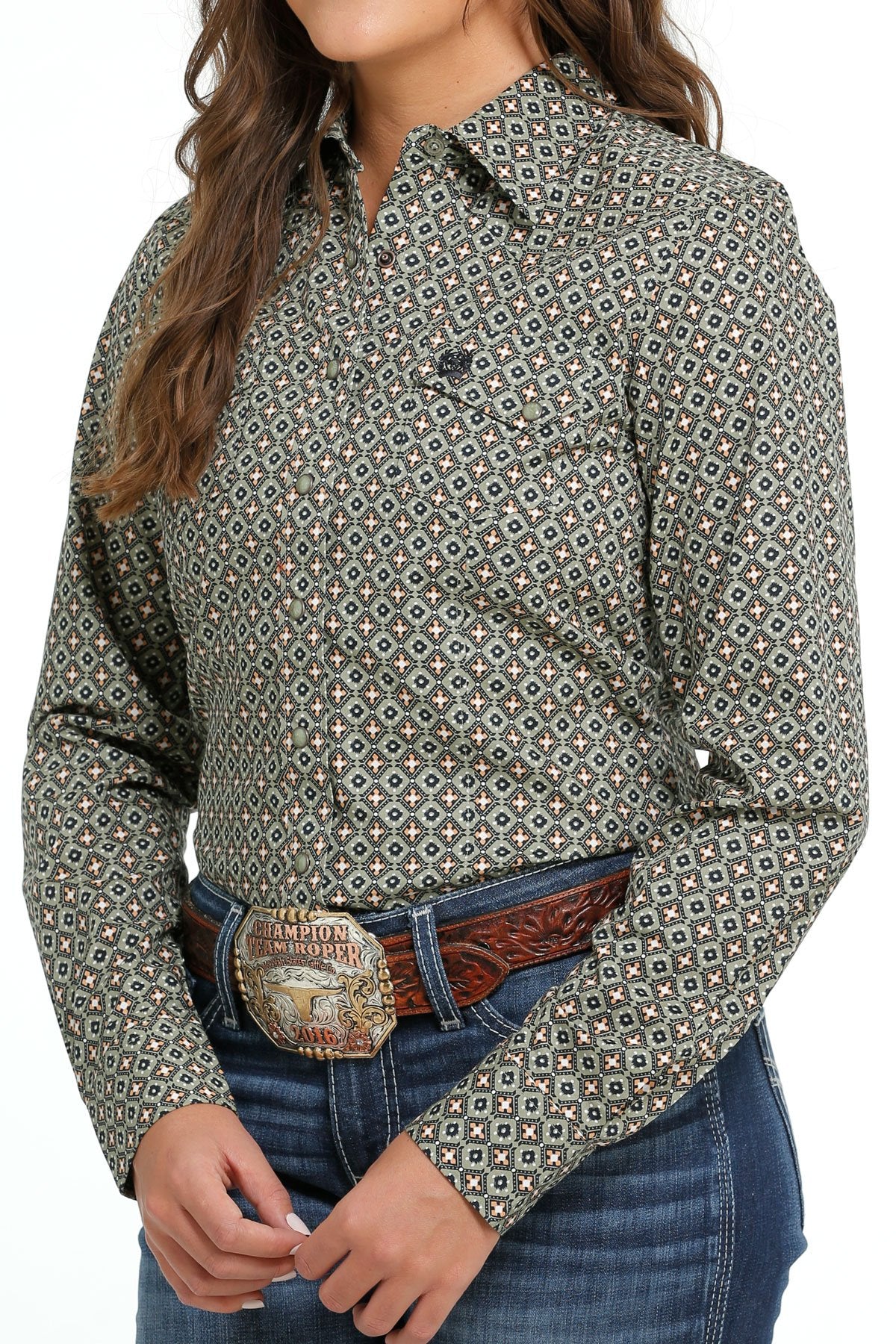 Womens Cinch Olive Pattern Snap Front Western Shirt (7012105650253)