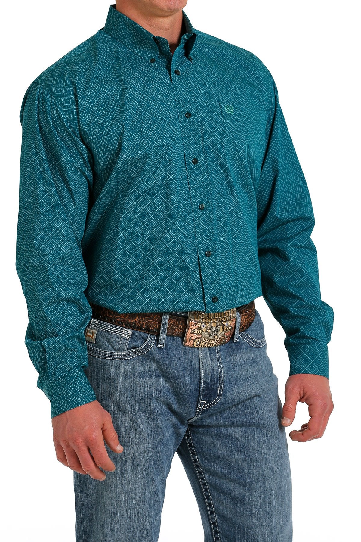 Mens Cinch Geo Diamond Print Button Down Shirt - Teal (6895549448269)