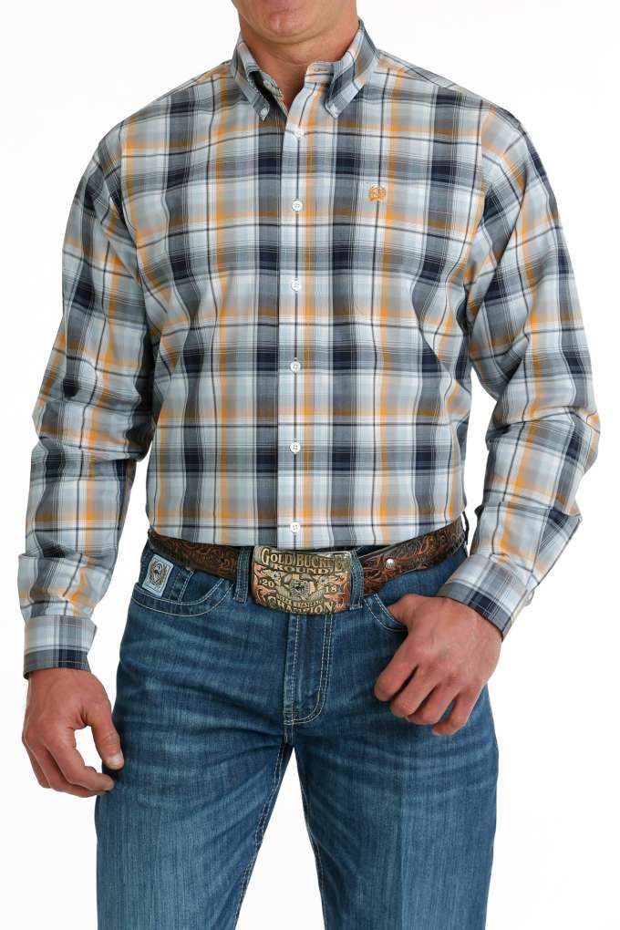 Mens Cinch Plaid Button Down Western Shirt - Light Blue / Orange (7225634816077)