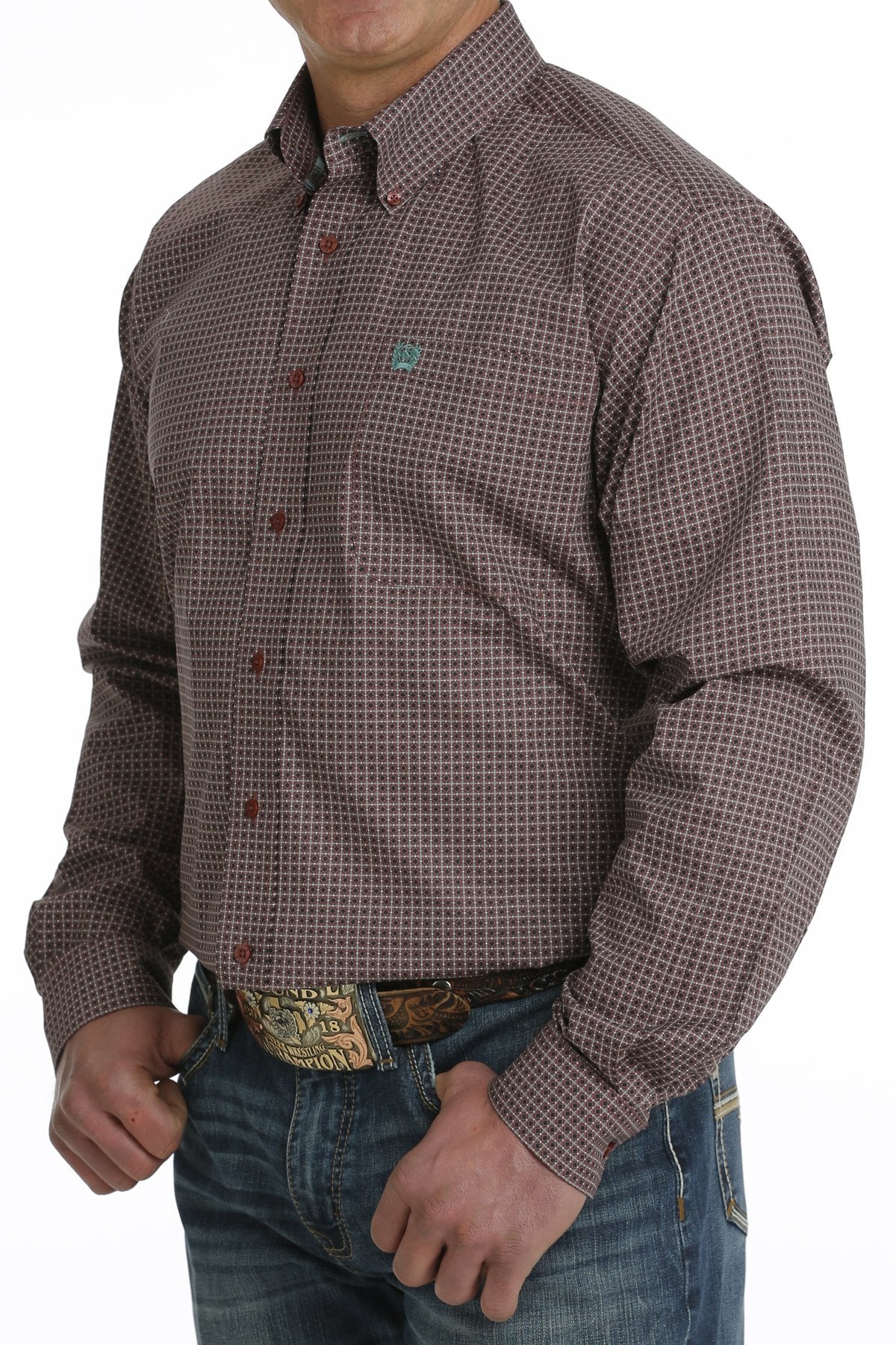 Mens Cinch Burgundy / Black Honeycomb Geometric Print Western Shirt (7225634717773)