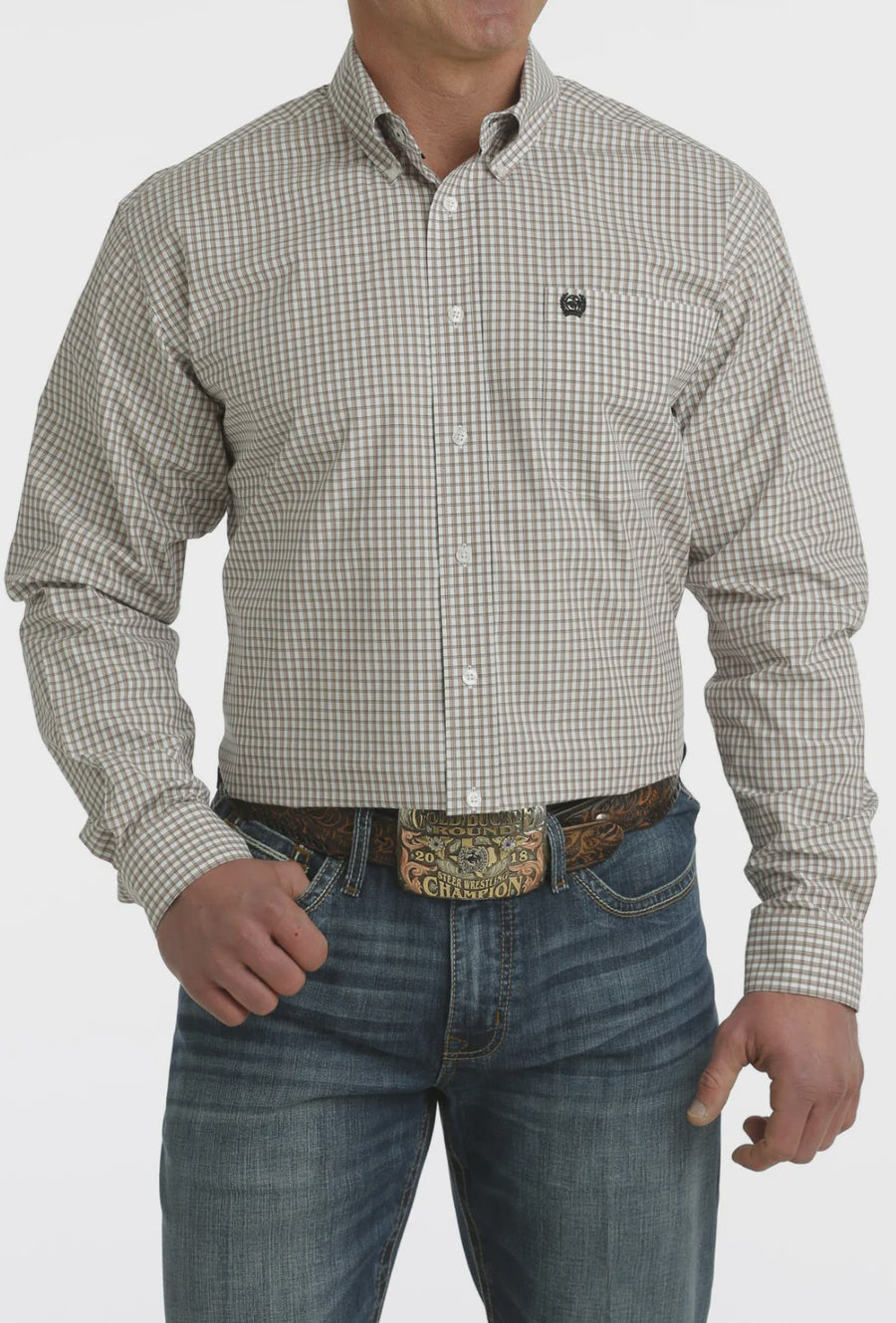 Mens Cinch Plaid Button Down Shirt - White (7225634783309)