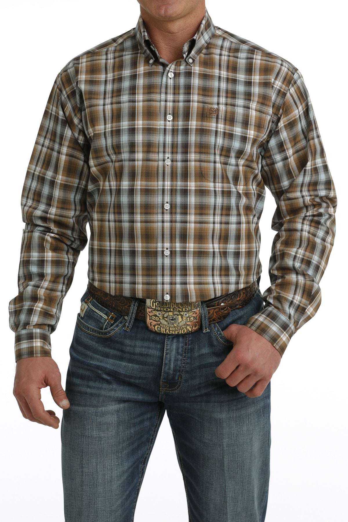 Mens Cinch Plaid Button Down Shirt - Brown / White (7292372189261)