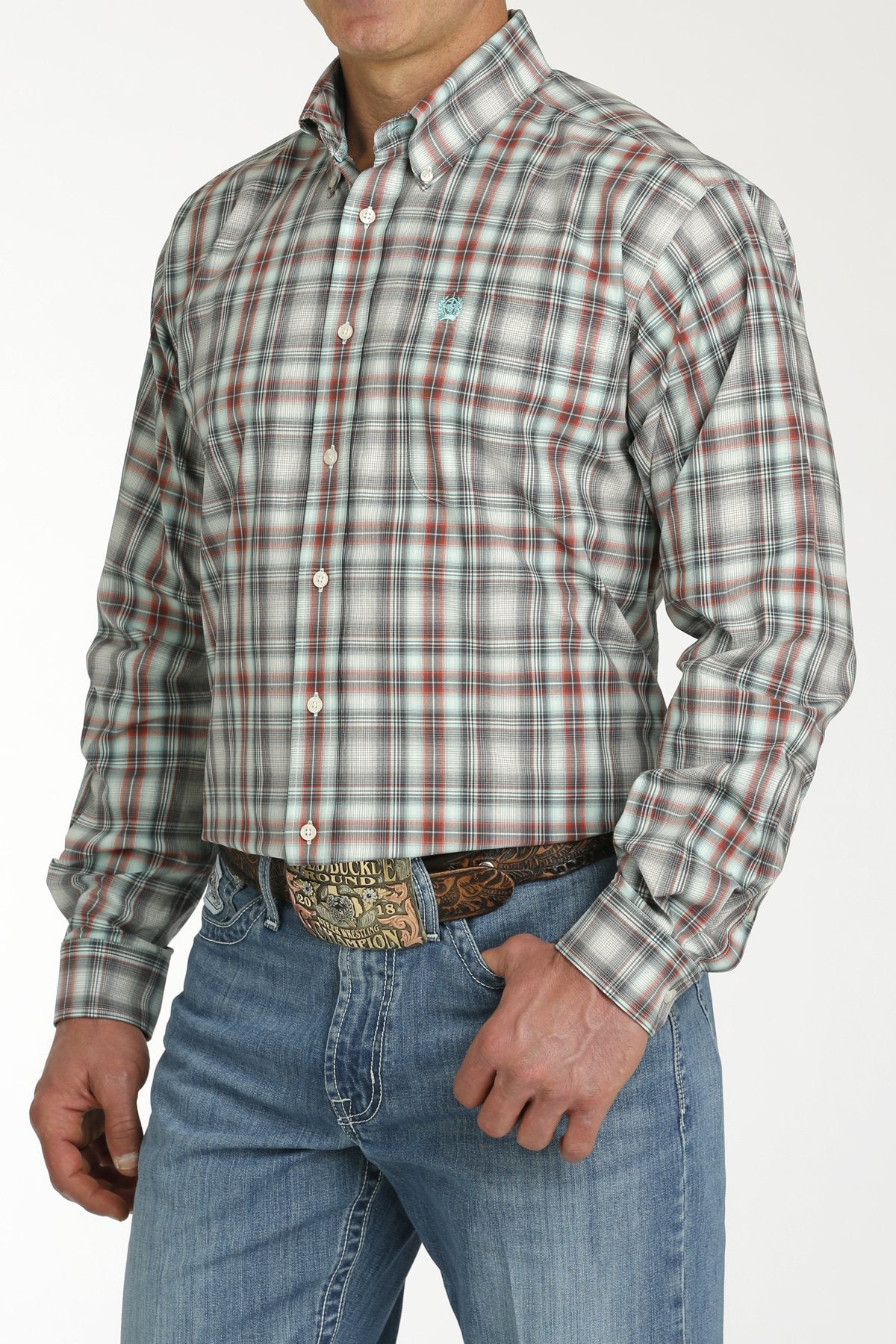 Mens Cinch Plaid Button Down Western Shirt - Cream / Charcoal / Red (7302096388173)