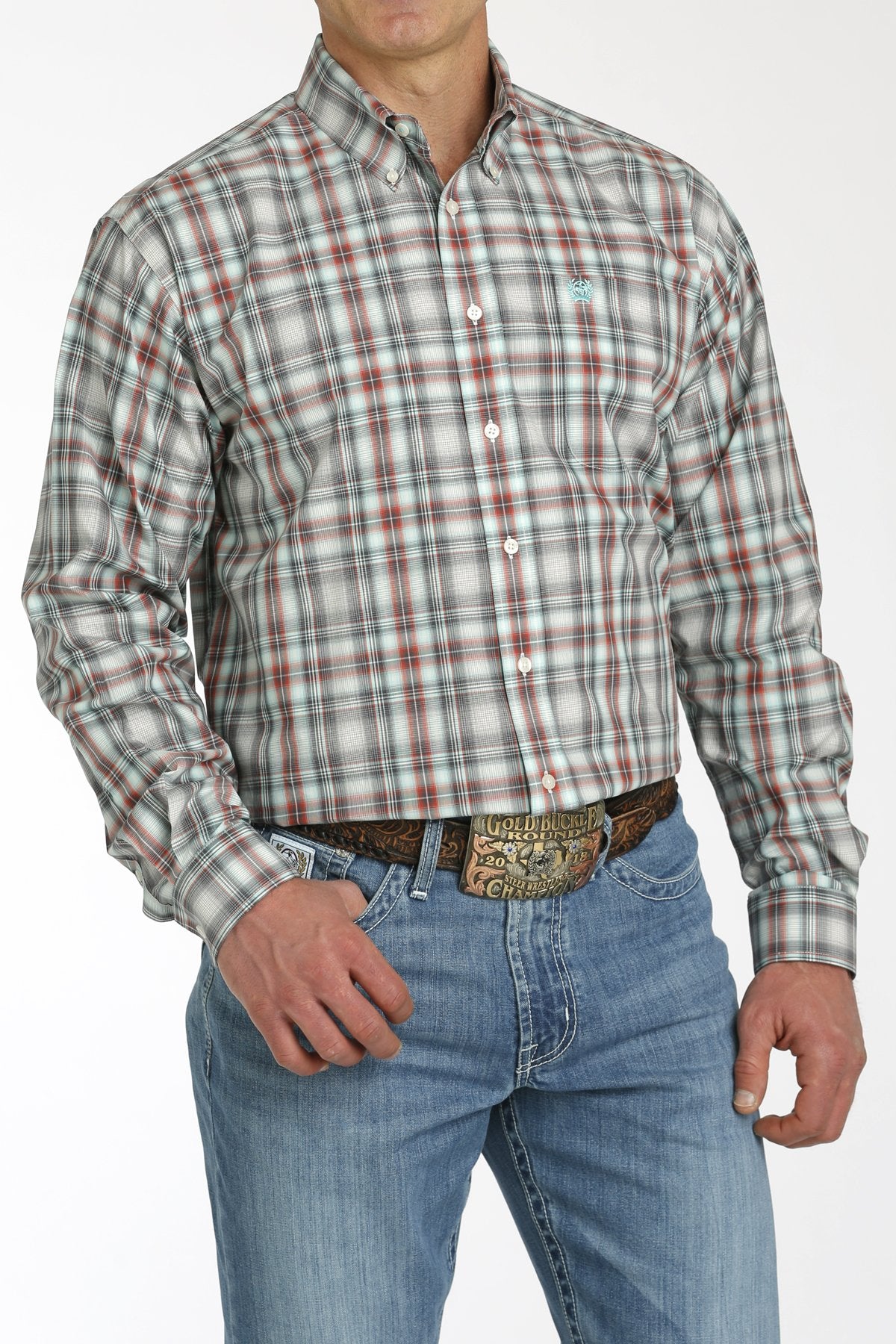 Mens Cinch Plaid Button Down Western Shirt - Cream / Charcoal / Red (7302096388173)