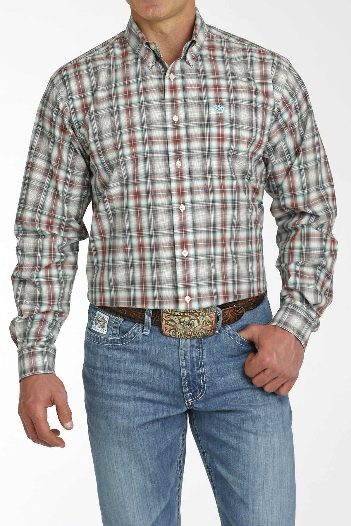 Mens Cinch Plaid Button Down Western Shirt - Cream / Charcoal / Red (7302096388173)