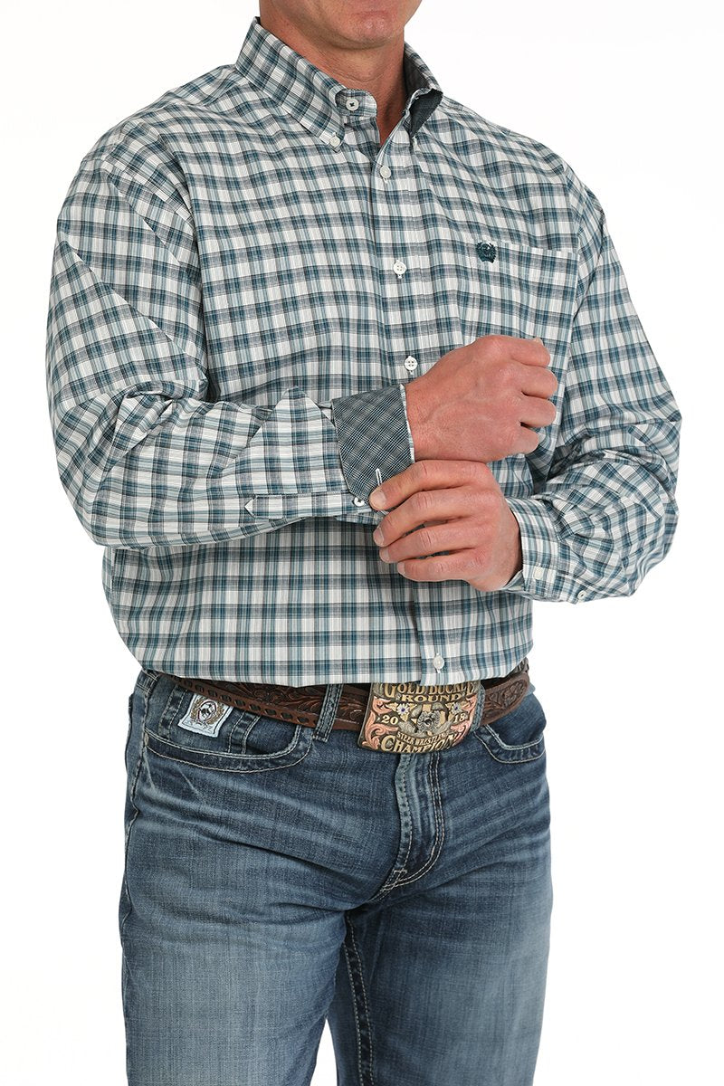 Mens Cinch Plaid Button Down Western Shirt - Cream/ Blue