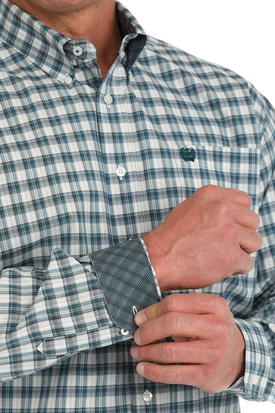 Mens Cinch Plaid Button Down Western Shirt - Cream/ Blue
