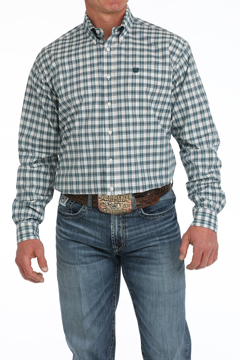 Mens Cinch Plaid Button Down Western Shirt - Cream/ Blue