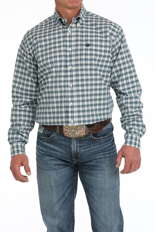 Mens Cinch Plaid Button Down Western Shirt - Cream/ Blue