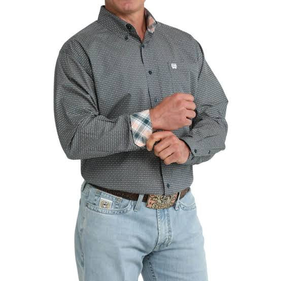 Mens Cinch Classic Fit Button Down Western Shirt - Teal Patterned / Pop of Pink