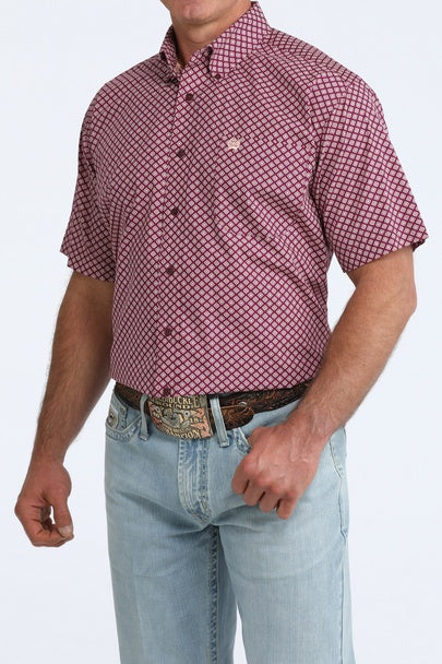 Mens Cinch Classic Fit Button Down Short Sleeve Western Shirt - Purple Geometric Pattern