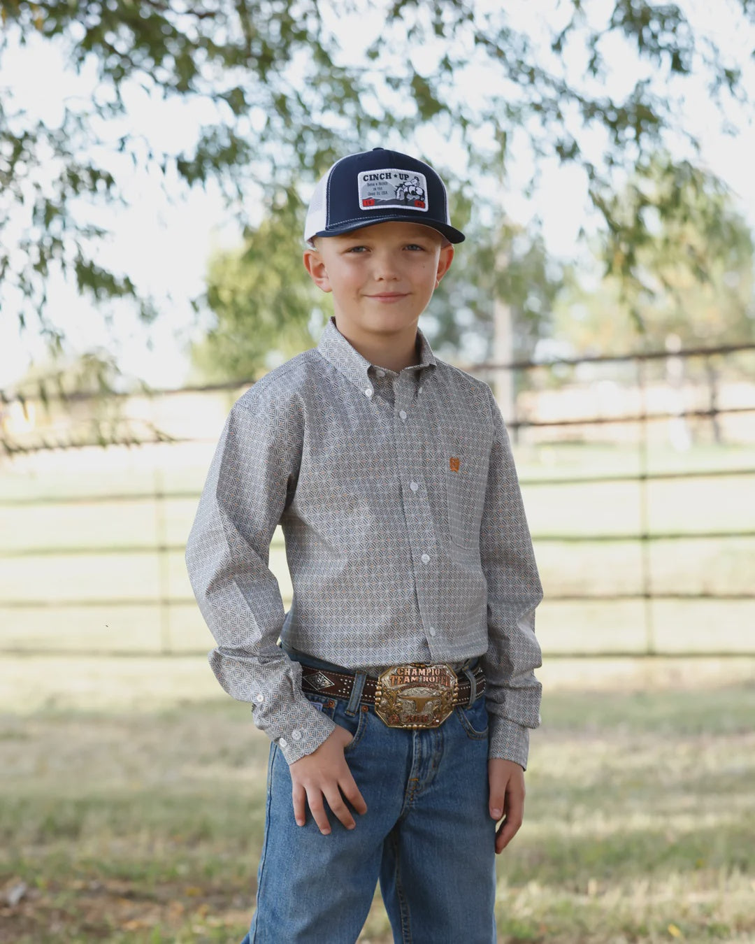 Boys Kids Cinch Diamond Print Button Down Western Shirt - White / Grey