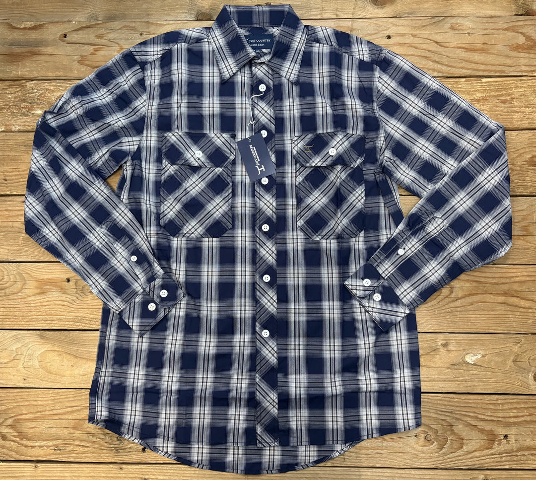 Mens Just Country Austin Full Button Print Workshirt - Plaid Navy and White