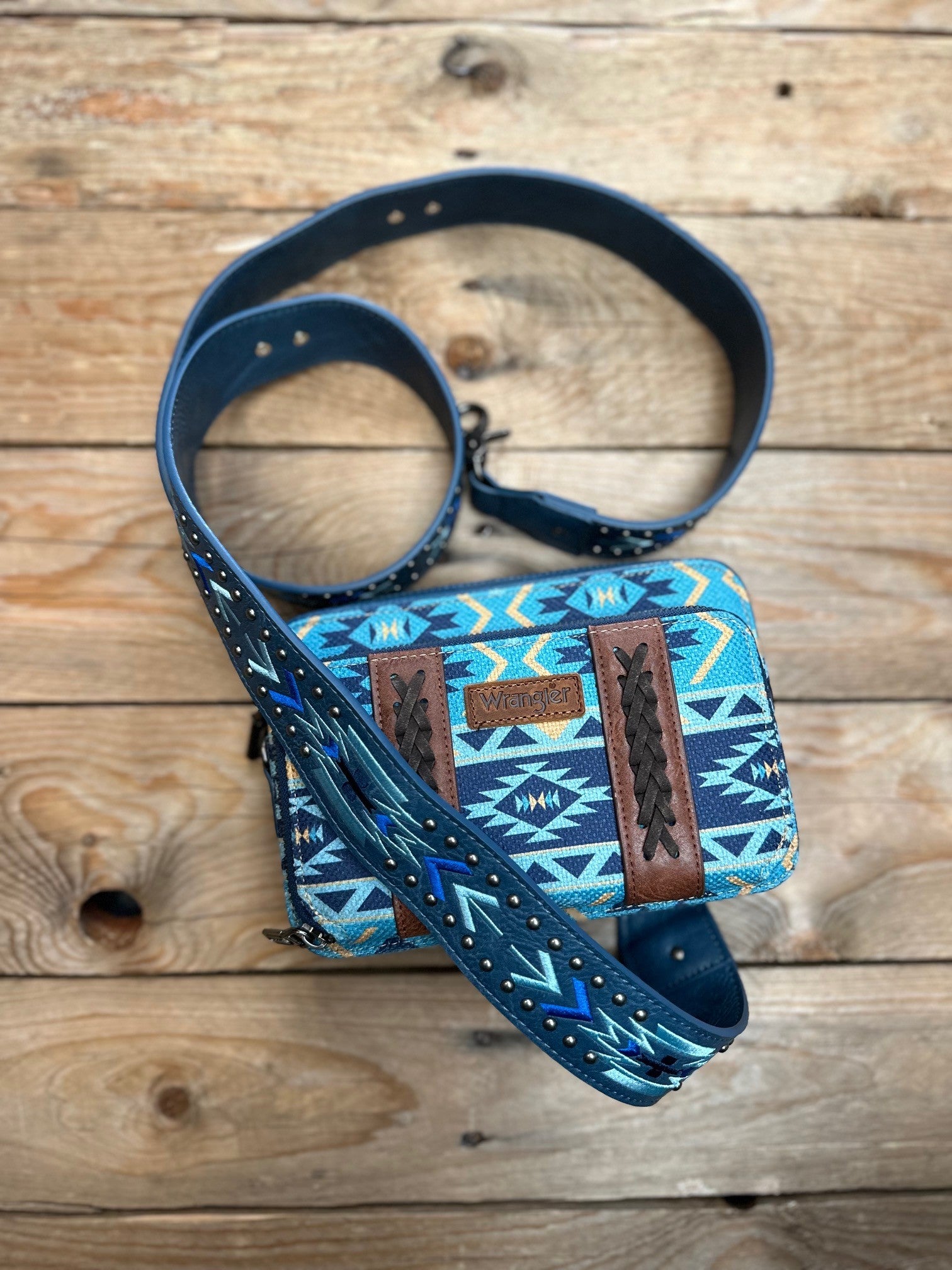 Wrangler Aztec South West Printed Crossbody Purse with Wallet Component - Navy (7308226330701)