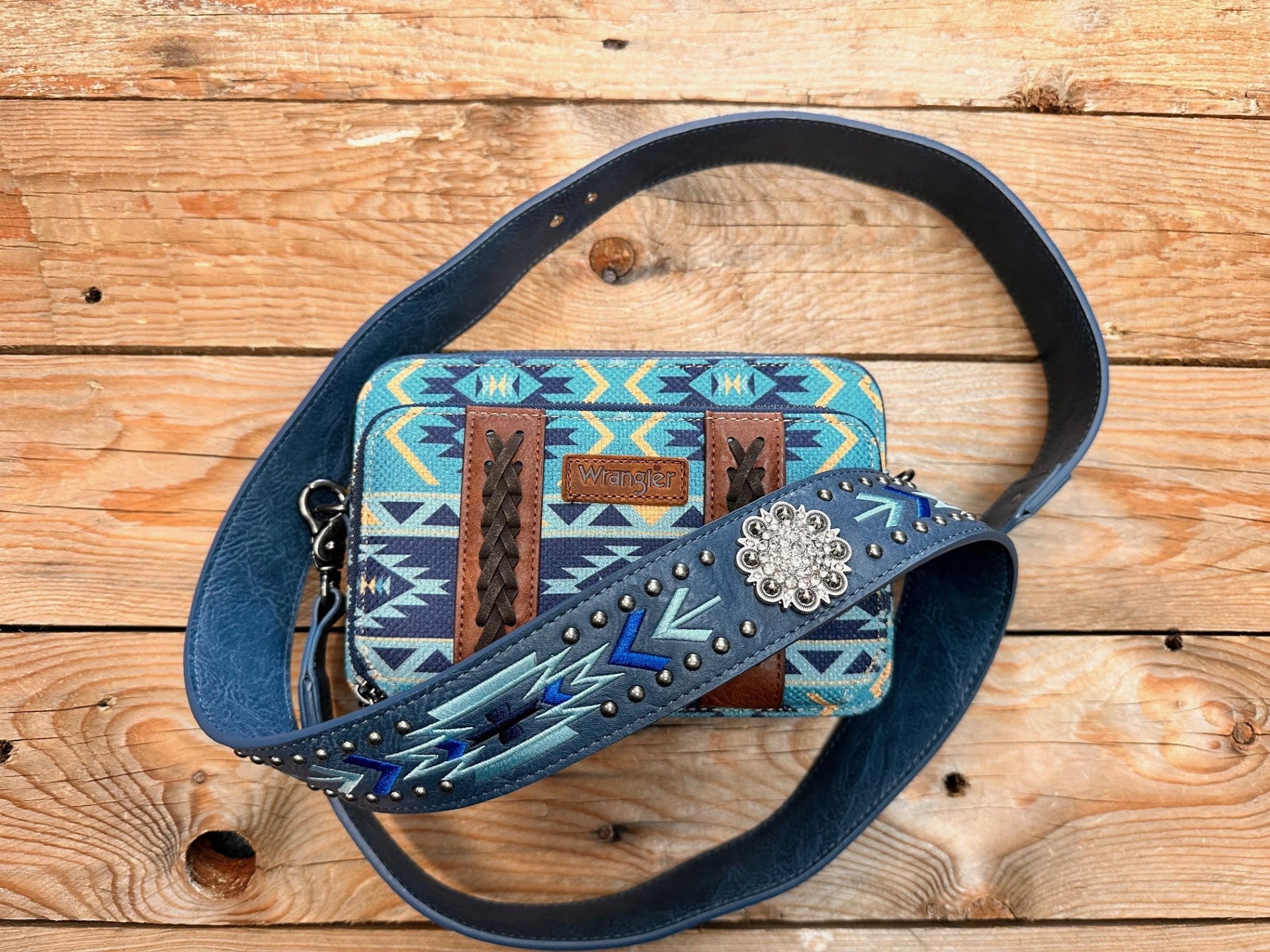 Wrangler Aztec South West Printed Crossbody Purse with Wallet Component - Navy (7308226330701)