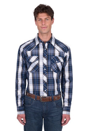 Mens Pure Western Nicholas Long Sleeve Shirt - Navy / Tan (7547312635981)