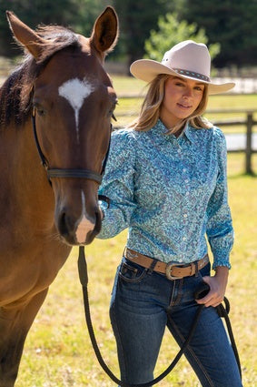 Womens Pure Western Riley Long Sleeve Shirt - Turquoise Floral (7547310932045)