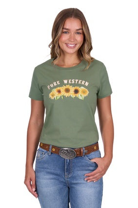 Womens Pure Western Charlie Sunflower Tee Tshirt - Moss (7547311358029)