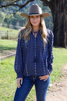 Womens Pure Western Rachel LS Blouse - Navy (7453224173645)