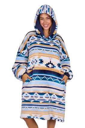 Adults Pure Western Aztec Snuggle Hoodie - Natural / Blue