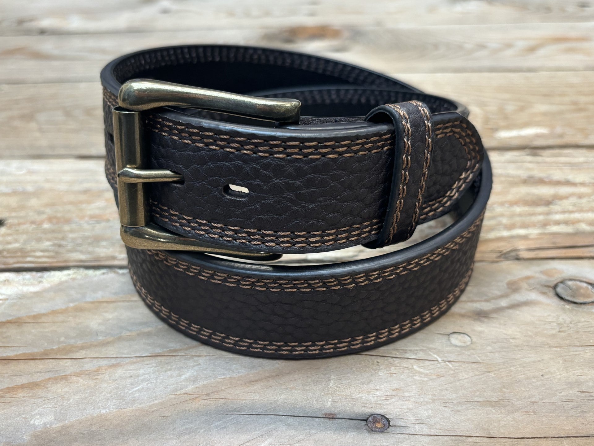 Mens Roper Pebble Grain Genuine Leather Triple Stitched Belt - Dark Brown (7026887688269)