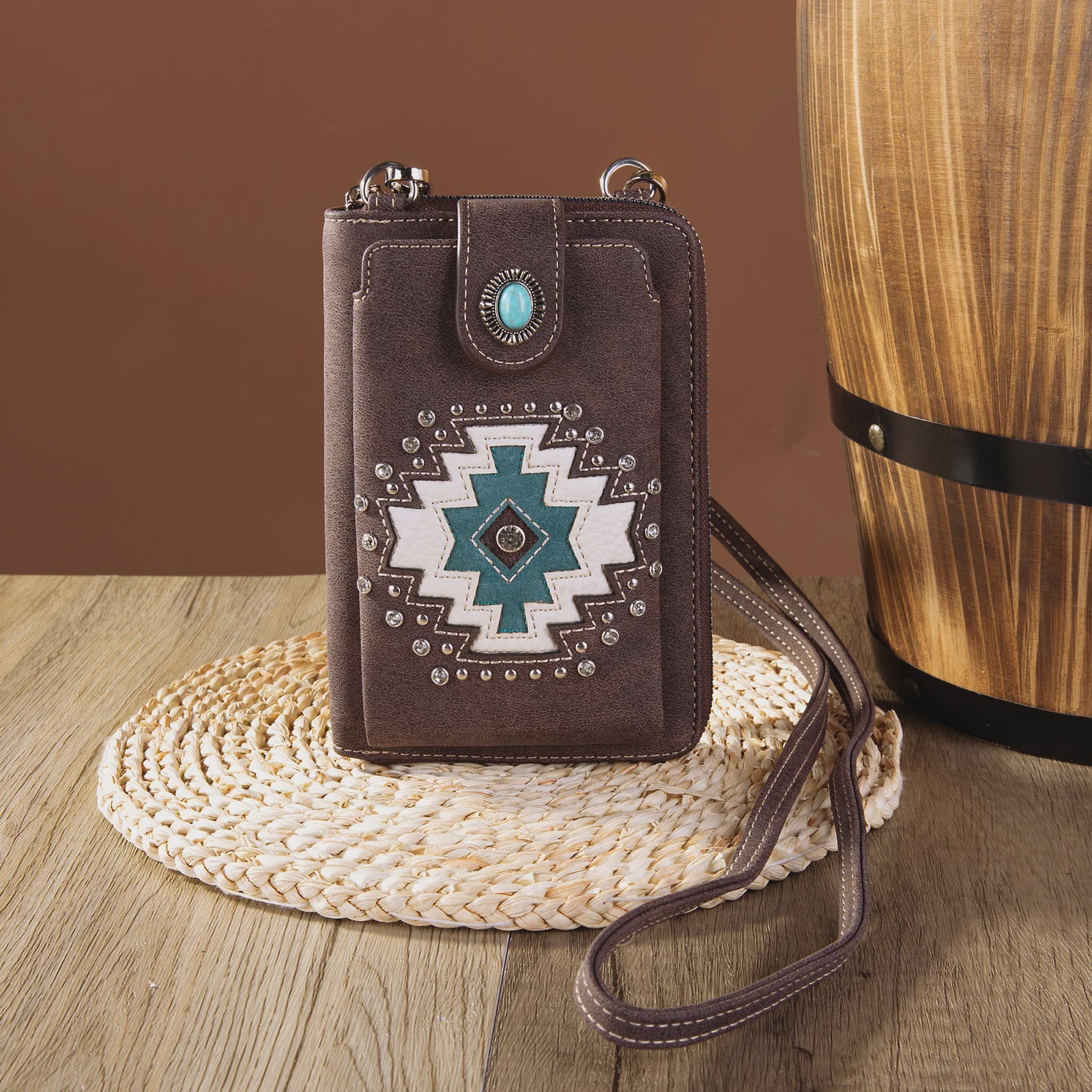 Montana West - American Bling Aztec Cut out Pattern Phone Wallet / Crossbody Bag - Coffee (7308226232397)