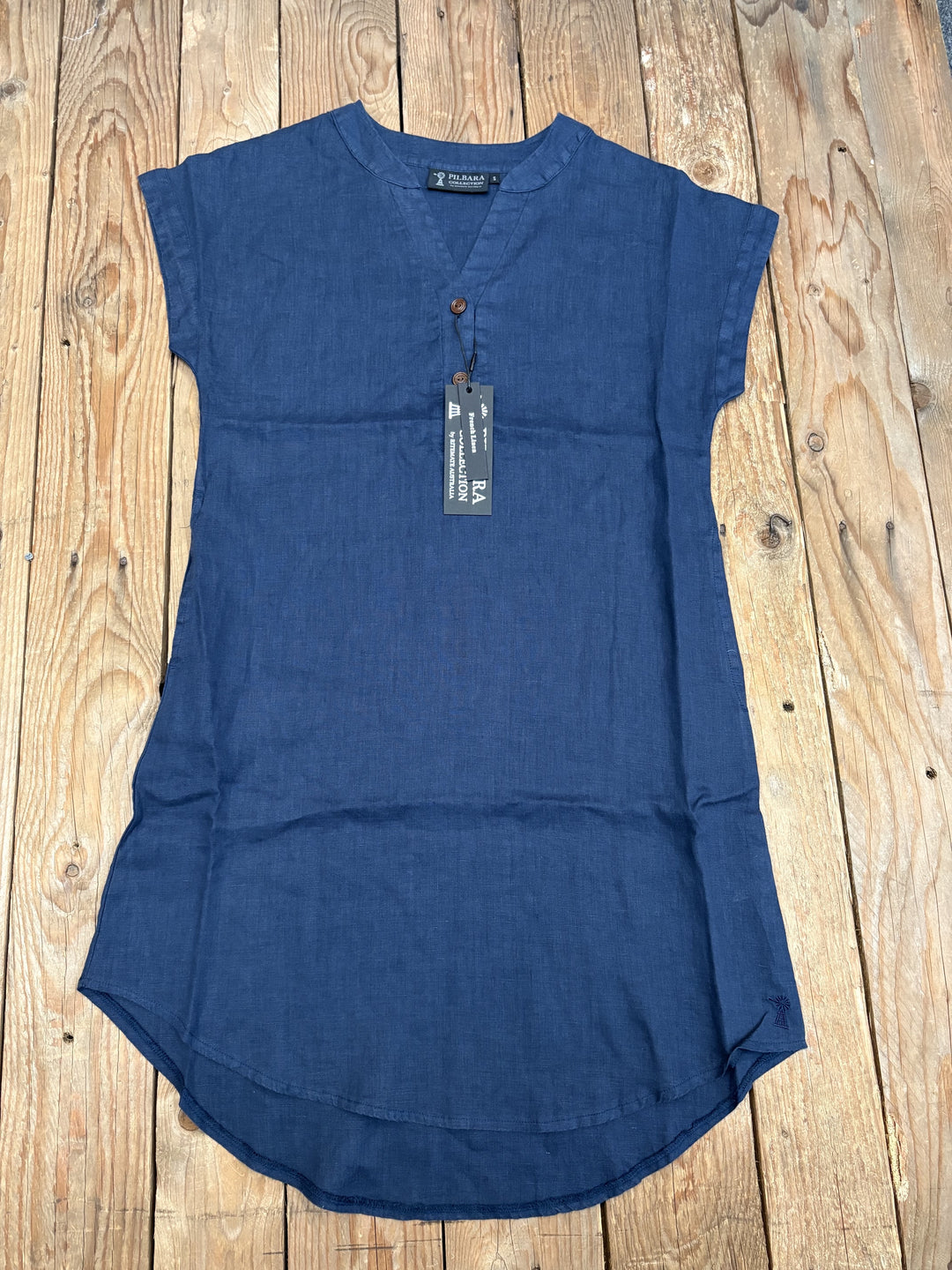 Womens Pilbara Collection Alina Linen Cap Sleeved Dress - Hibiscus or Navy