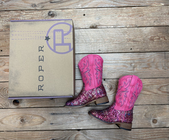 Kids Roper Glitter Aztec II Western Boot - Fuschia Pink / Fuschia Glitter