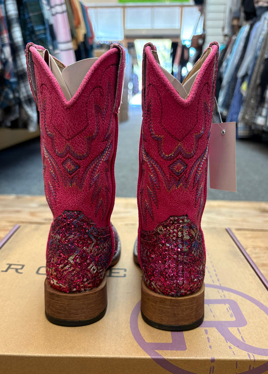 Kids Roper Glitter Aztec II Western Boot - Fuschia Pink / Fuschia Glitter