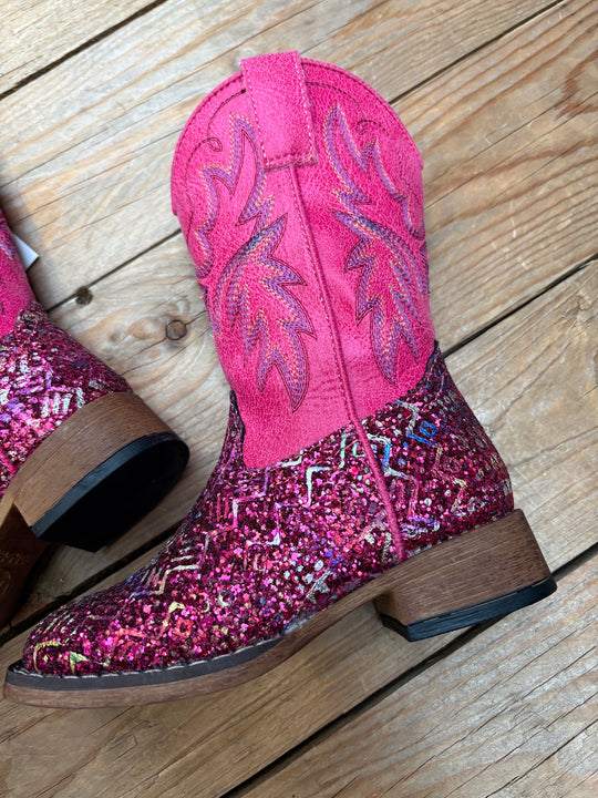 Kids Roper Glitter Aztec II Western Boot - Fuschia Pink / Fuschia Glitter