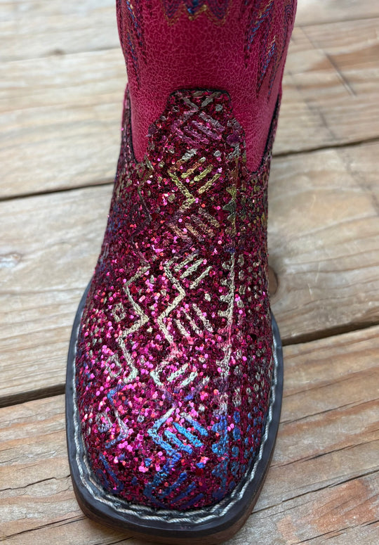 Kids Roper Glitter Aztec II Western Boot - Fuschia Pink / Fuschia Glitter