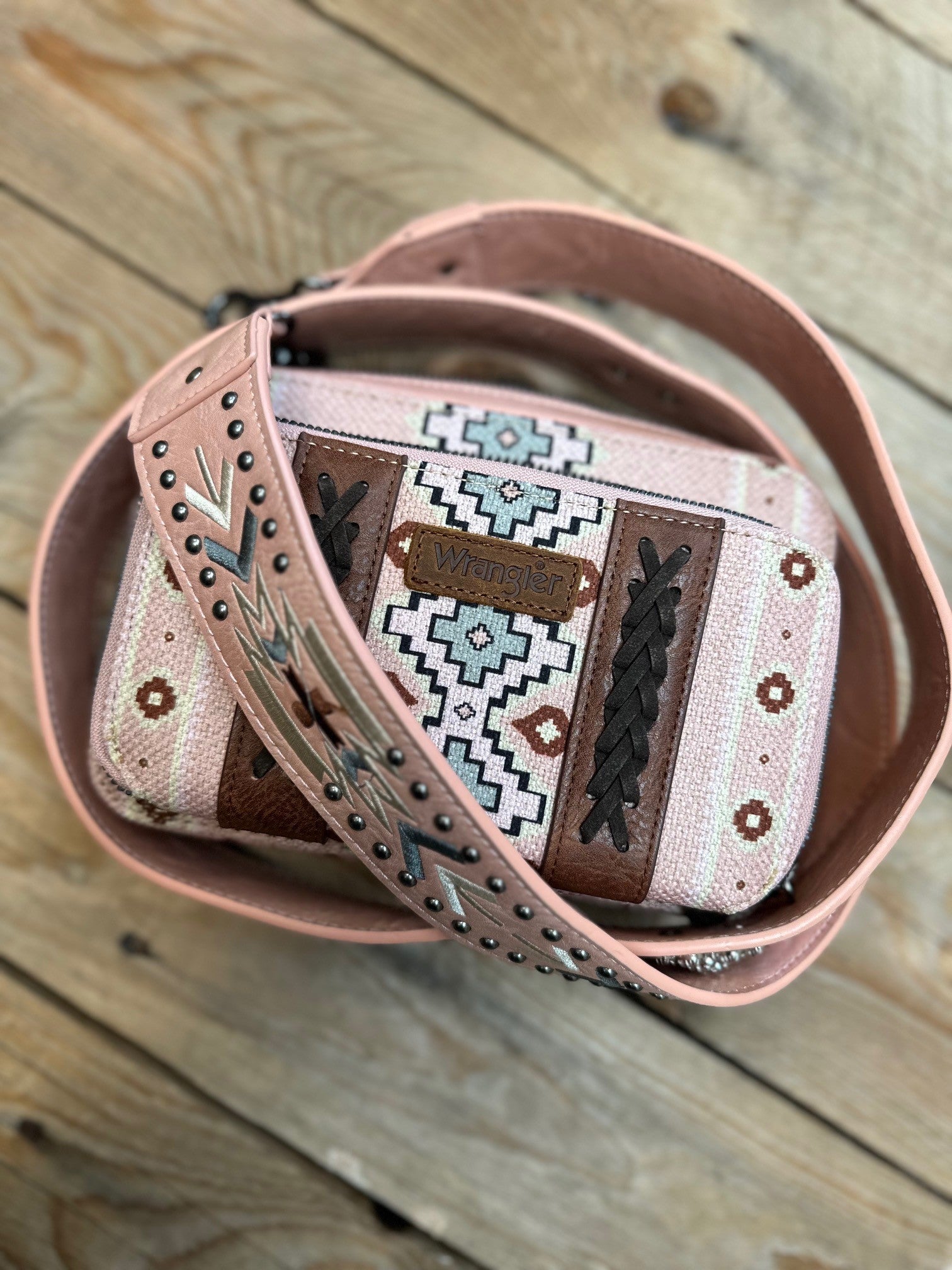 Wrangler Aztec South West Printed Crossbody Purse with Wallet Component - Pink (7308226363469)