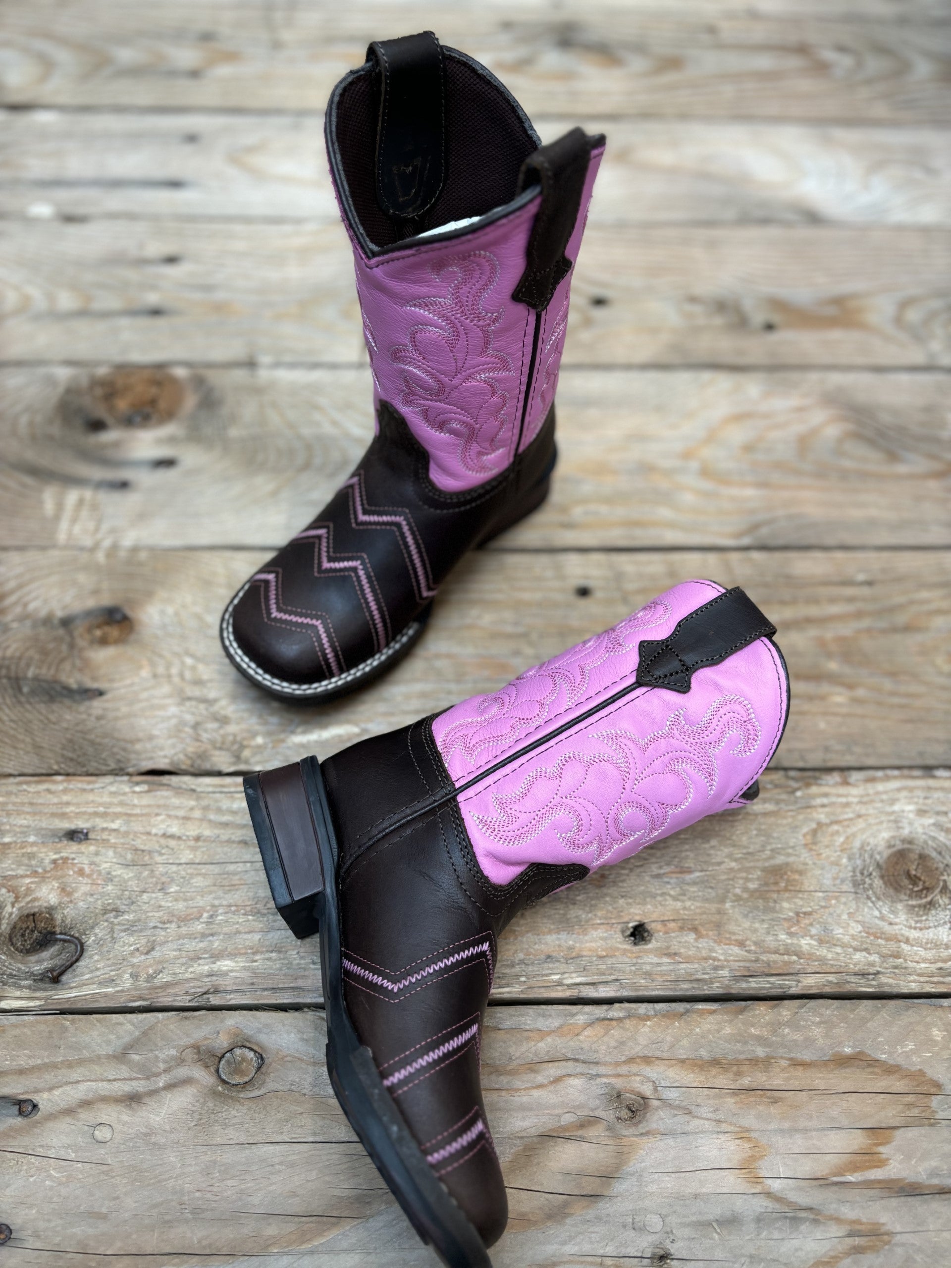 Kids Roper Monterey Angles Choc/Pink Leather Boot (6752234307661)