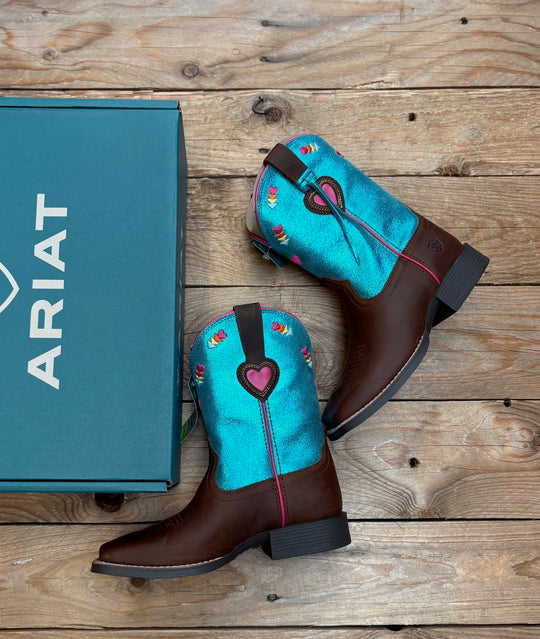 Youth Kids Ariat Rodeo Love Western High Top Cowgirl Boot - Distressed Brown / Aqua Dazzle Metallic