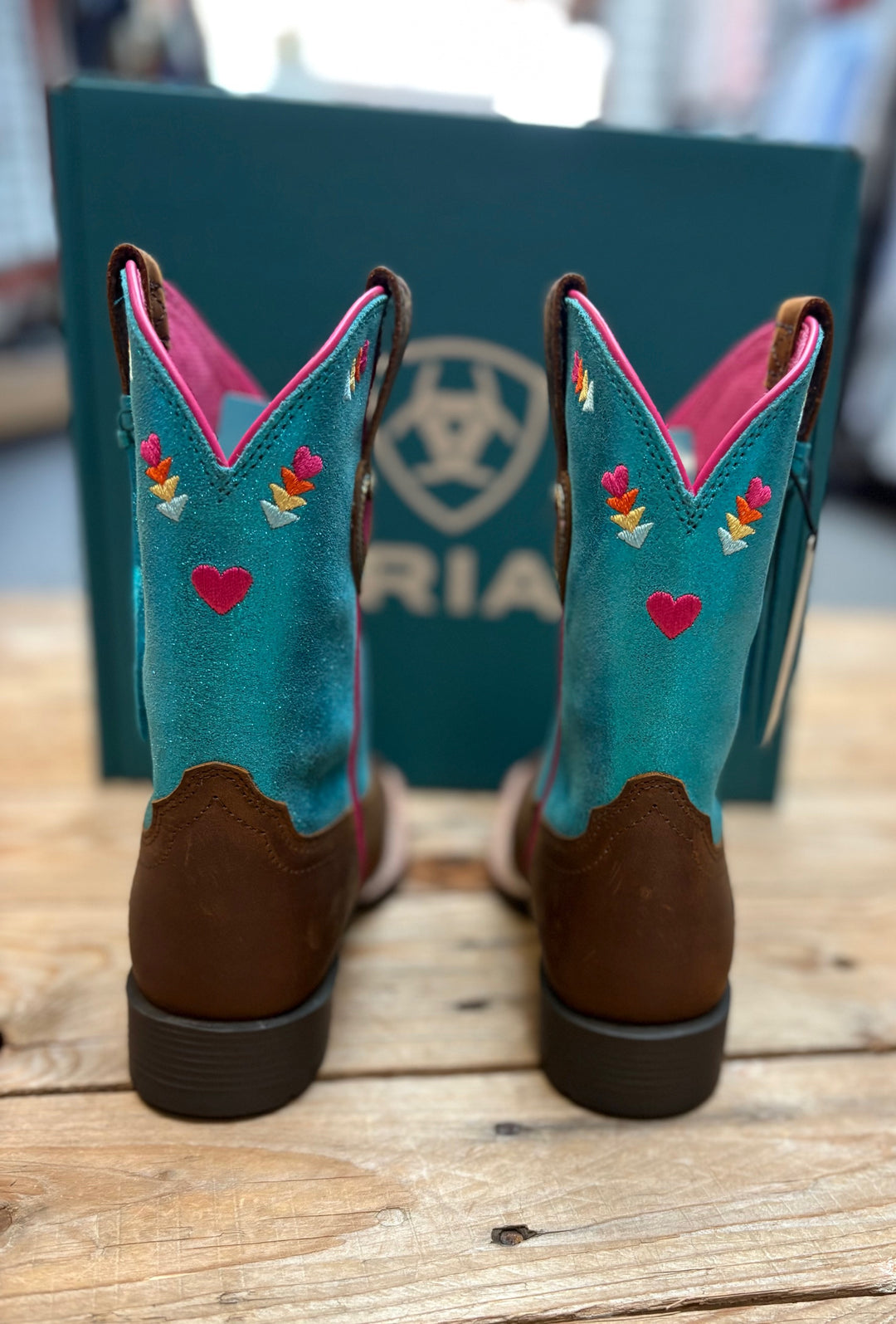 Youth Kids Ariat Rodeo Love Western High Top Cowgirl Boot - Distressed Brown / Aqua Dazzle Metallic
